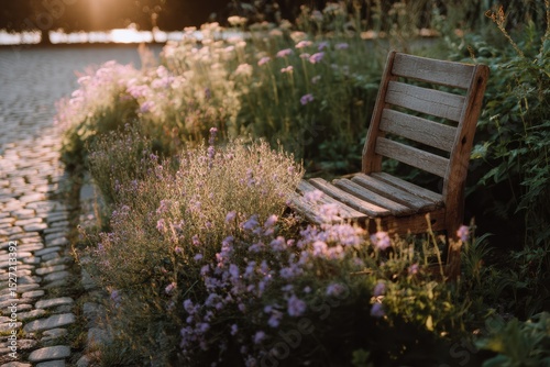 Serene Garden Scene with Wooden Bench Surrounded by Colorful Flowers and Soft Evening Light, Perfect for Relaxation and Inspiration in Nature