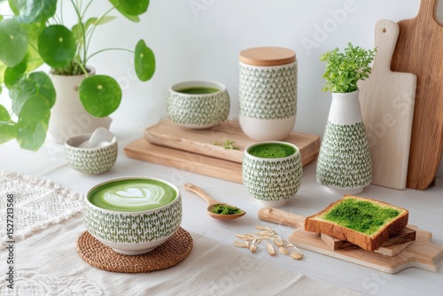 Serene Green Tea Setup in a Minimalist Kitchen with Natural Elements and Fresh Ingredients for a Healthy Lifestyle and Tranquil Moments