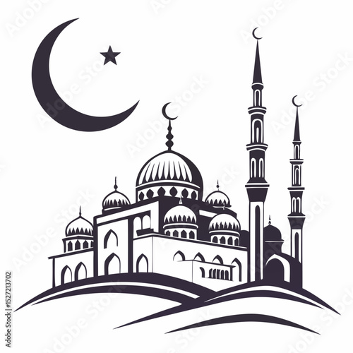 islamic mosque with crescent moon on hilltop view