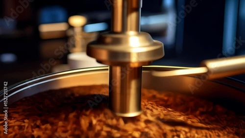 Close up of an automated industrial coffee bean roaster with spinning paddles and roasted coffee circulating inside