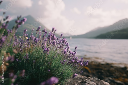 Serene Lavender Field Overlooking Tranquil Lake Surrounded by Majestic Mountains and Soft Cloudy Sky in a Peaceful Natural Landscape