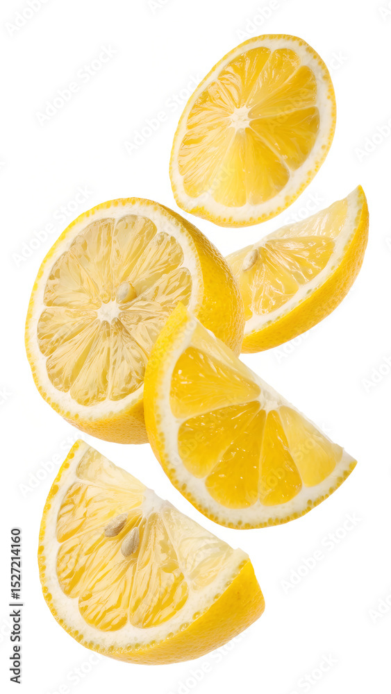 Fototapeta premium Fresh lemon slices falling isolated on transparent background