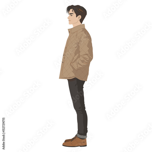 A young man in a light brown quilted jacket illustration profile clothing vector
