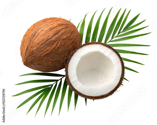 Papier peint Whole and halved coconut with palm leaf isolated on transparent background