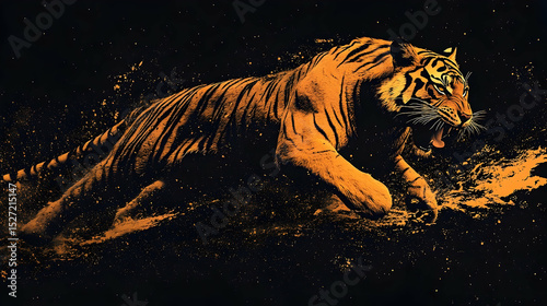 Powerful tiger in motion against a dark background.