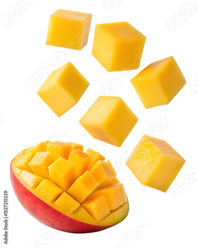 Falling mango cubes falling isolated on transparent background
