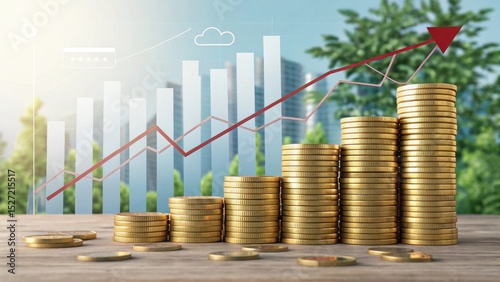 A stack of gold coins with a rising graph in the background symbolizes financial growth and investment success against a serene, green backdrop.