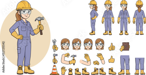 Technician worker wearing overall uniform, protective goggle holding hammer tool. Character for animation. Front, side and back view set