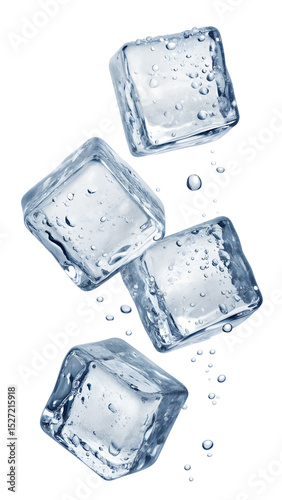 Four ice cubes falling with water droplets isolated on transparent background