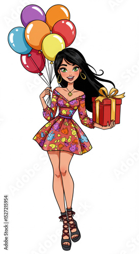 Young Woman in Festive Dress Carrying Balloons and Gift – Vector Illustration