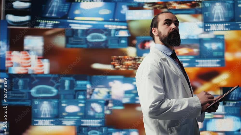 Medical specialist reviewing digital diagnostics and electronic records, symbolizing integration of health tech, personalized patient care and a future in medical science. Breakthrough. Camera B.