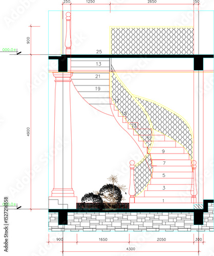 Vector design illustration of a magnificent classic house staircase with a rotating model.
