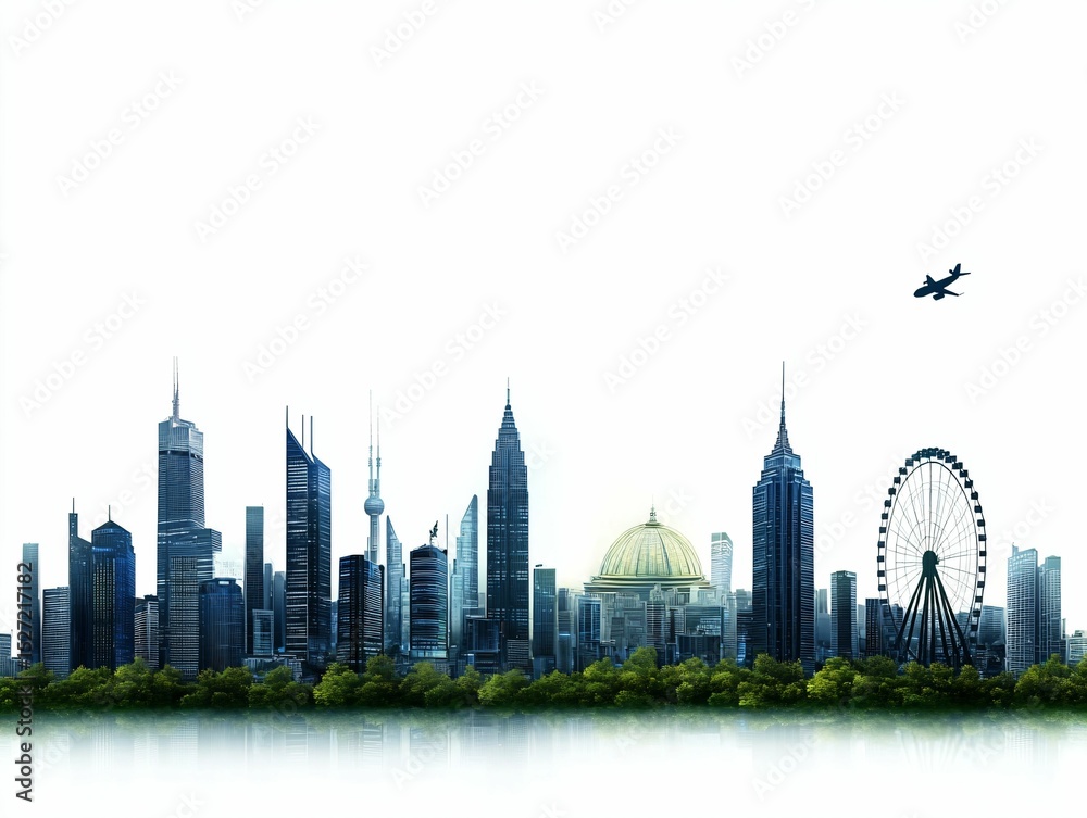 Obraz premium Urban skyline with modern skyscrapers, tree line, and airplane