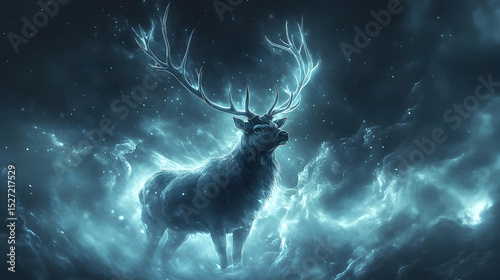 Majestic deer with luminous antlers in a celestial nebula.