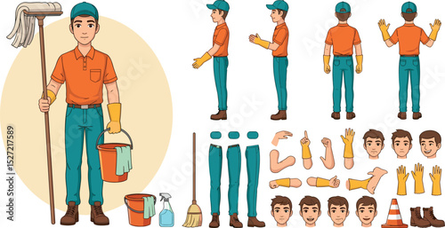 Janitor worker, cleaner wearing uniform holding mop and bucket. Character for animation. Front, side and back view set. 