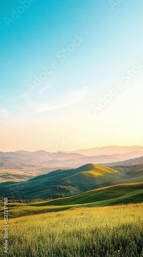 Serene Landscape with Rolling Hills and Soft Evening Light Above