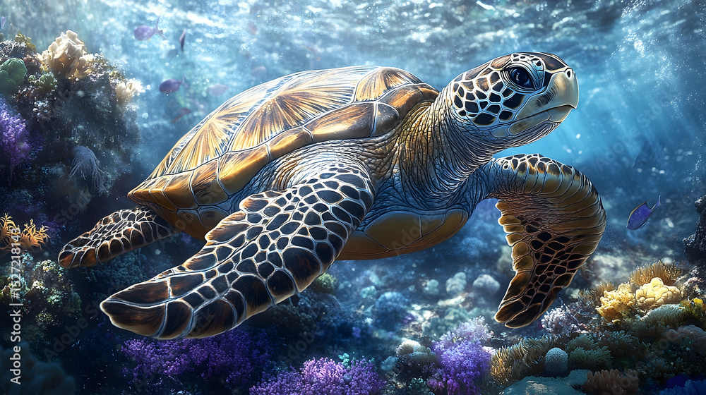Fototapeta premium Beautiful sea turtle gracefully swimming amidst vibrant coral reefs.