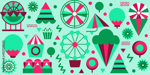 Vibrant Amusement Park Icons Ferris Wheel, Carousel, and More