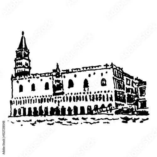 The Doge's Palace in Venice, Italy. Palazzo Ducale. Pałaso Dogal. Venetian Gothic architectural monument. Hand drawn linear doodle rough sketch. Black and white silhouette.