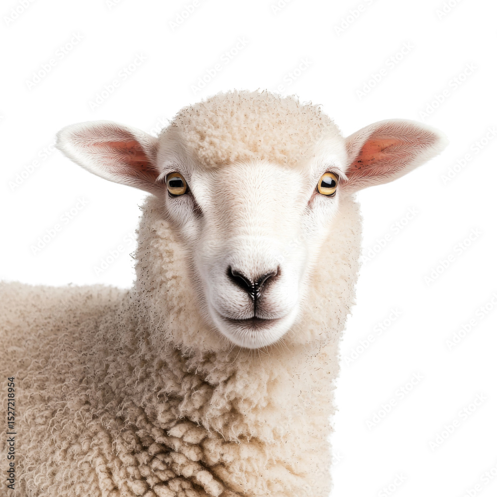 Obraz premium Fluffy sheep with soft wool coat, looking directly at camera with calm expression. This adorable animal embodies tranquility and charm