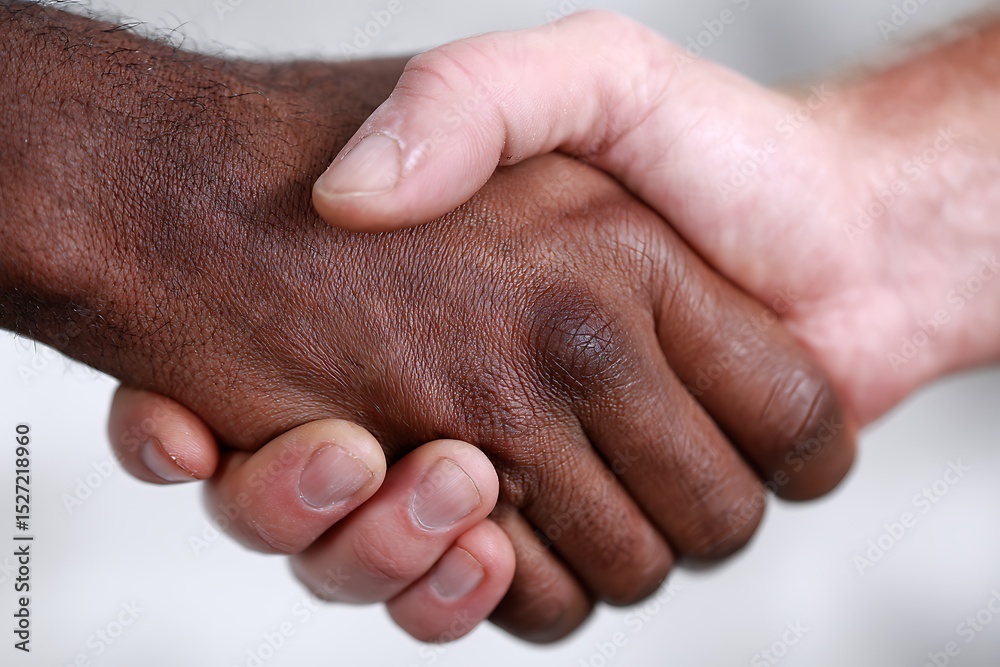 Fototapeta premium Close Up Of A White And Dark Skinned Handshake, Collaboration Agreement, Diverse Unity, Respect And Understanding