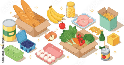 Grocery food in supermarket packages. Vegetables, eggs, meat, bread, pasta and other groceries, goods. Healthy eating concept