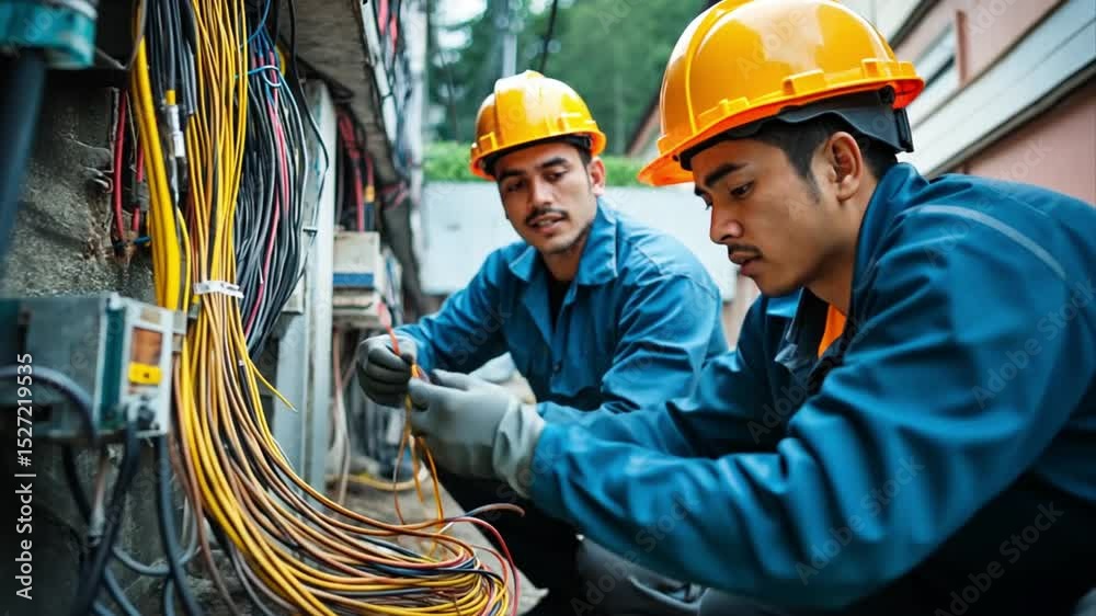 Meticulous electricians meticulously managing messy multicolored multi strand wiring harness, showcasing complexity of electrical systems and professional expertise with precision