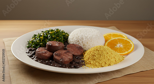 Brazilian Feijoada with Rice, Collard Greens, Farofa, and Orange Slices