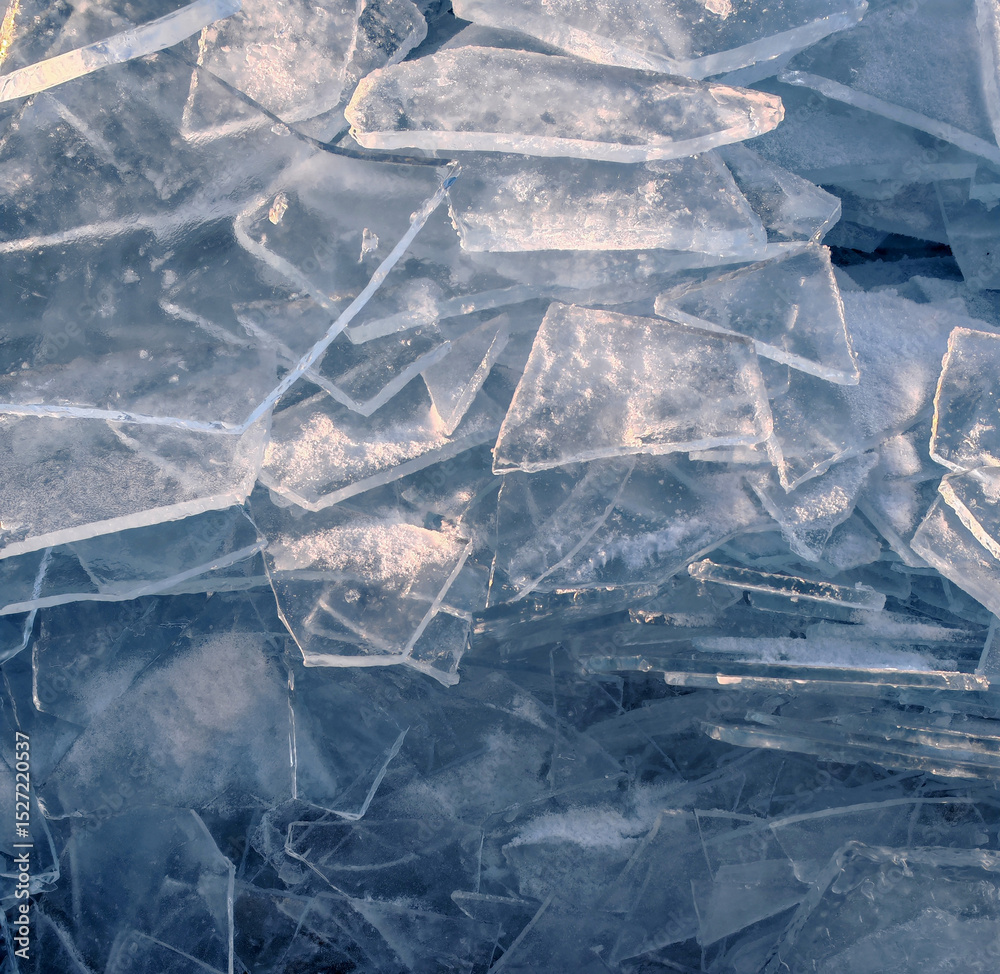 Obraz premium Endless hummock field on frozen Lake Baikal. Piles of snow-covered debris of blue ice on frosty day