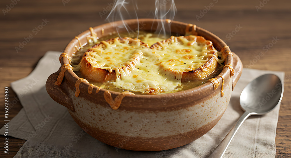 Steaming French Onion Soup in Rustic Earthenware Bowl Steaming French Onion Soup in Rustic Earthenware Bowl