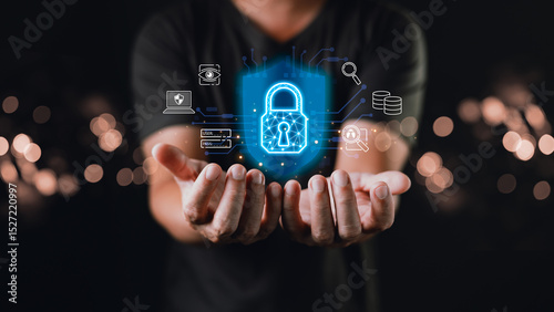 A person holds out their hands beneath a glowing digital padlock surrounded by icons, symbolizing cyber protection, data encryption, security layers, and privacy in a connected digital world.