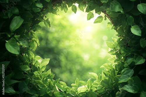 Lush greenery forms a circle around a bright, soft focus background.
