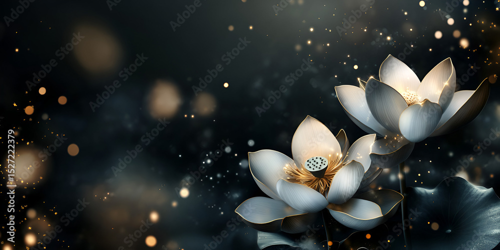 Fototapeta premium Elegant White Lotus Flowers with Golden Sparkles on Dark Background