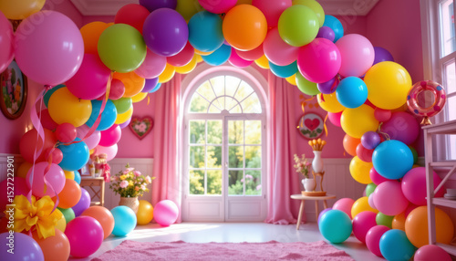 Vibrant party room filled with colorful balloons creates joyful atmosphere, perfect for celebrations