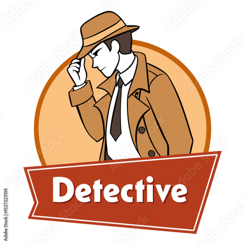 Detective Logo Vector Illustration Man in Hat Trench Coat Mystery Crime Investigation Private Investigator Badge Graphic Design