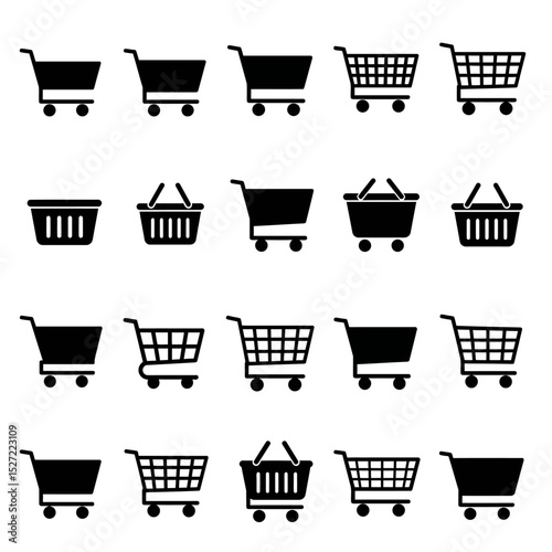 Collection of shopping cart and basket icons in black silhouette, arranged on a white background.