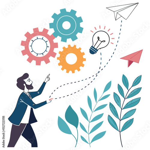 Businessman Launching Paper Plane Vector Illustration Innovation Idea Light Bulb Gears Creative Growth Success Concept Graphic Design