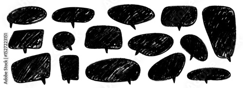 Hand drawn speech bubble collection. Doodled marker dialog box set. Scribbled textured comic talk frames. Black sketched chat box pack. Different balloon text box bundle. Vector 