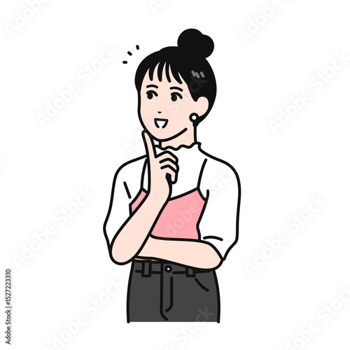 問題が解決して喜ぶお団子ヘアの若い女性のイラスト素材