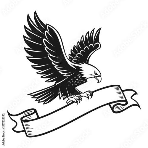 Flying Bald Eagle Black and White Vector Illustration with Blank Ribbon Banner Vintage Style Tattoo Emblem Patriotic Bird Design