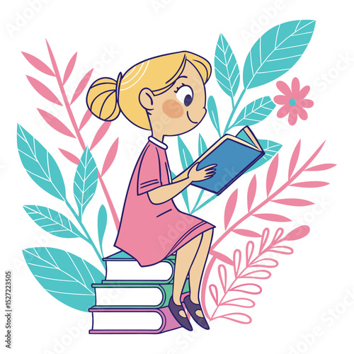 Cute Girl Reading Book Illustration Child Sitting on Books Colorful Leaves Background Education Concept Kids Learning Vector Design Art