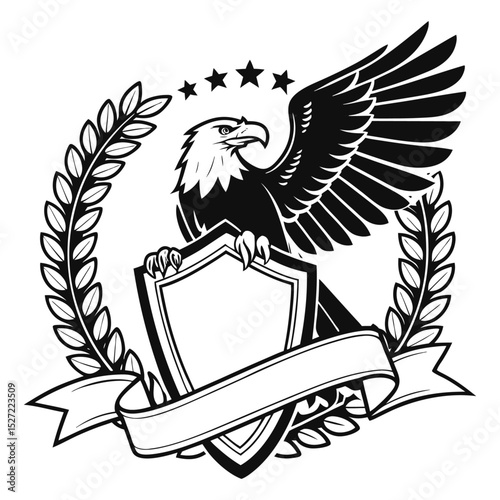 Eagle Shield Emblem Black and White Vintage Heraldic Crest Laurel Wreath Badge Banner Patriotic Symbol Logo Design Vector Art