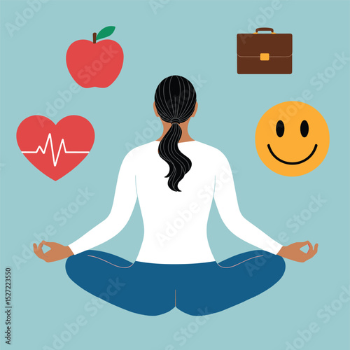 Meditation and Wellness Concept – Mindful Living Illustration with Health and Happiness Icons