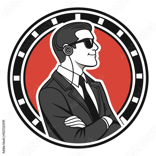 Security agent logo man in suit with sunglasses and headset vector illustration bodyguard emblem stylish badge protection design template