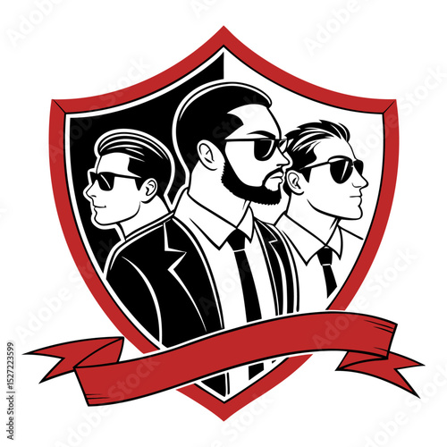 Security team logo men in suits sunglasses shield emblem gangster style bodyguard badge silhouette team illustration vector design