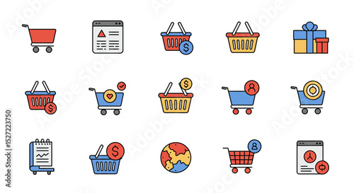 Fifteen colorful icons depicting various shopping carts, baskets, and online shopping symbols on a white background.