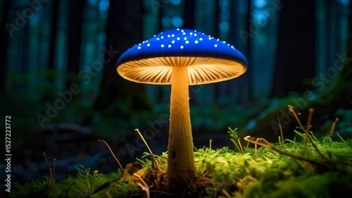 Illuminated mushroom with blue cap and white dots glowing in mossy dark forest scene at night.