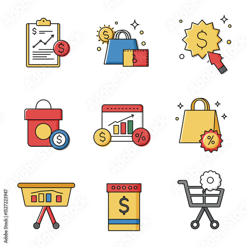 Colorful icons depicting online shopping, sales, marketing, and financial growth.
