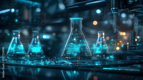 Modern scientific laboratory equipment with glowing beakers.