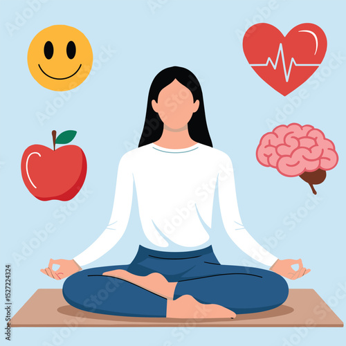 Meditation and Wellness Concept – Mindful Living Illustration with Health and Happiness Icons
